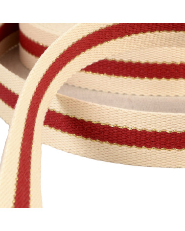 Sangle 3 bandes fil métal 100 % coton 30mm rouge bordeaux au mètre