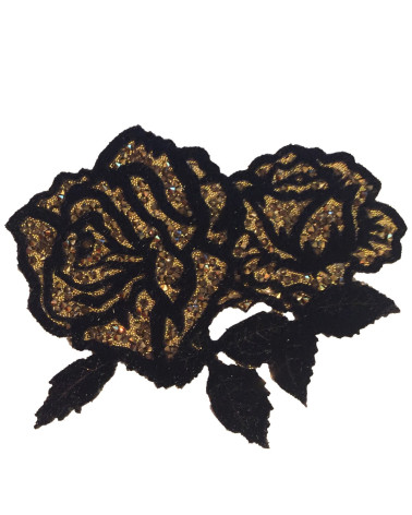 XL Double Black and Gold Rose Iron-on Badge
