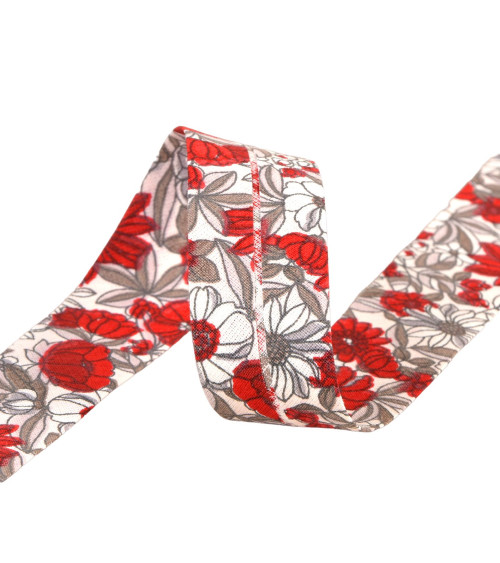 25m reel bias cotton flowers 27mm red Made in France