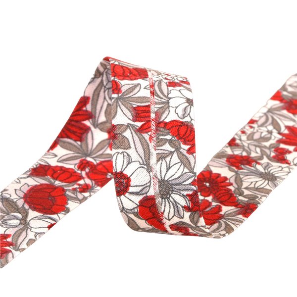 Bobine 25m biais fleurs coton 27mm rouge Fabriqué en France