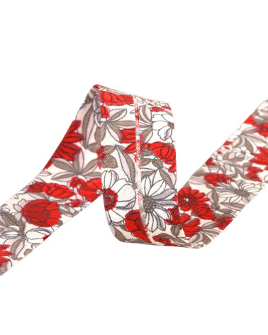 25m reel bias cotton flowers 27mm red Made in France
