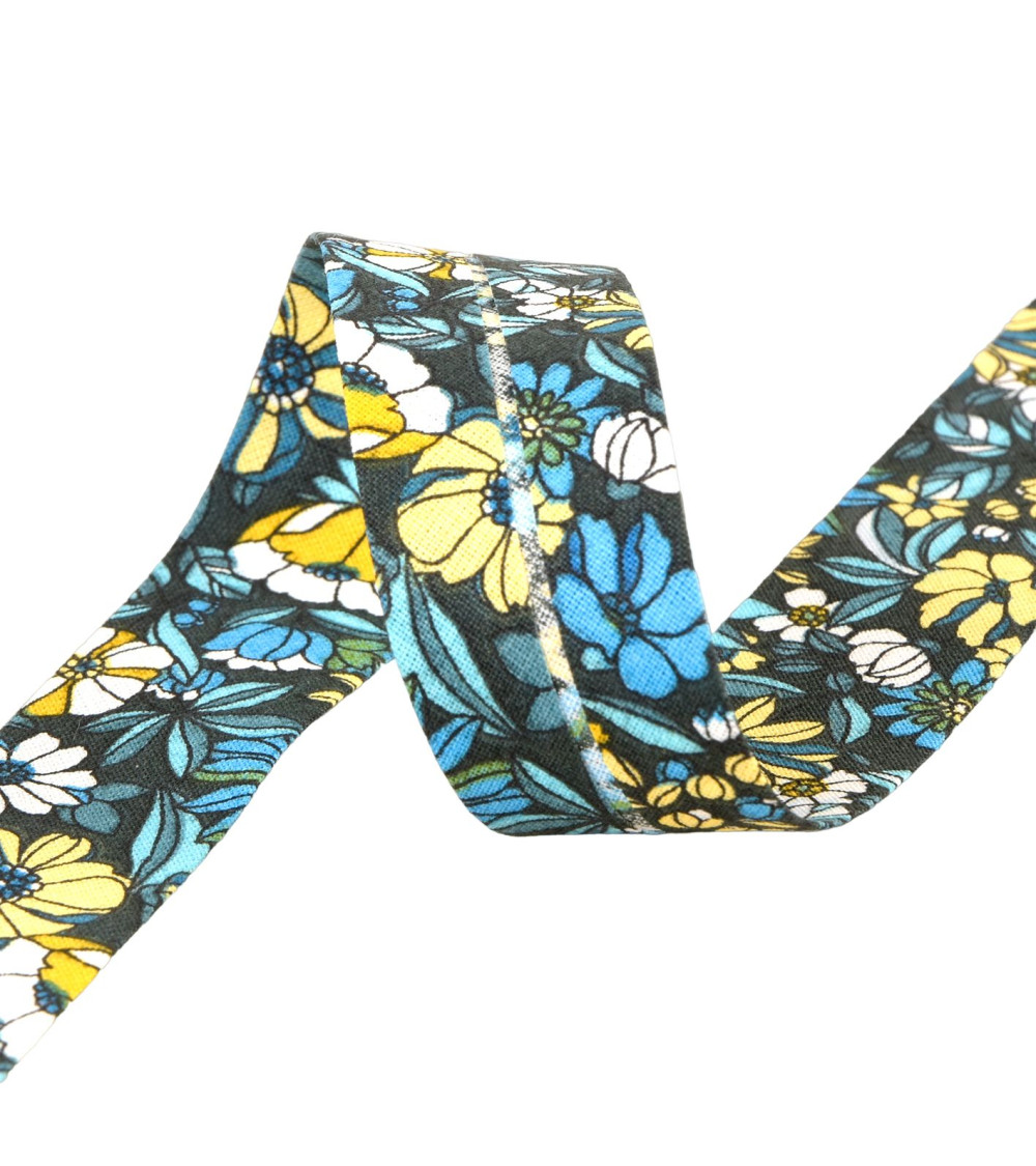 25m reel bias cotton flowers 27mm duck blue Made in France