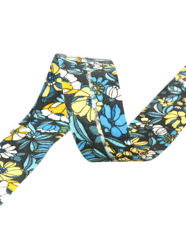 25m reel bias cotton flowers 27mm duck blue Made in France