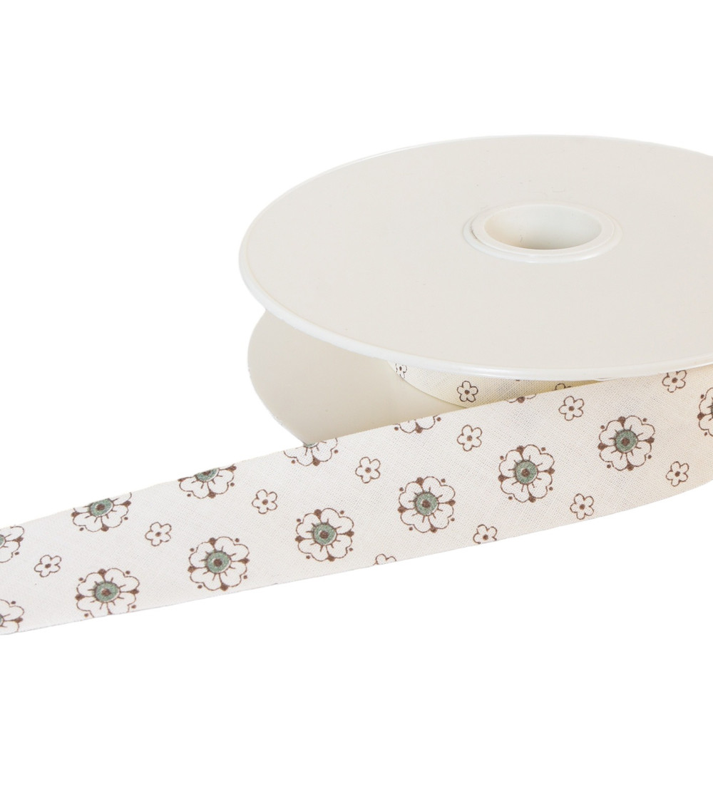 Flower bias binding 25mm light khaki green per meter made in France