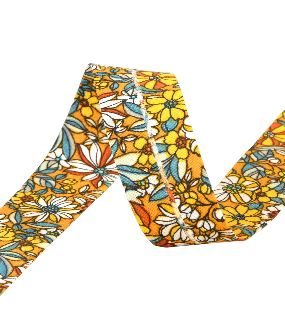 Bies de flores 100% algodón 27 mm amarillo mostaza hecho en Francia