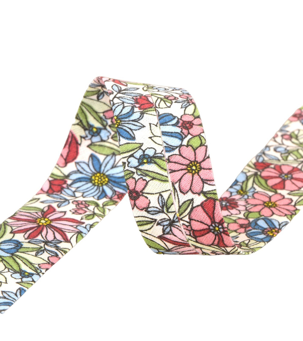 Blumen-Schrägband aus 100 % Baumwolle, 27 mm, hellrosa, hergestellt in Frankreich