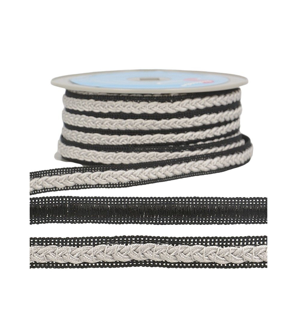 20-m-Rolle Zweifarbiges Kleidgeflecht Hellgrau/Schwarz 14 mm