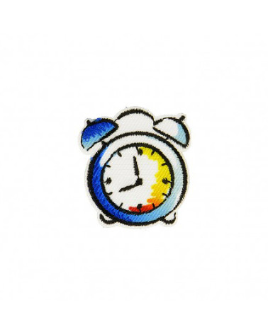Blue alarm clock iron-on patch 2.5cm x 2.5cm