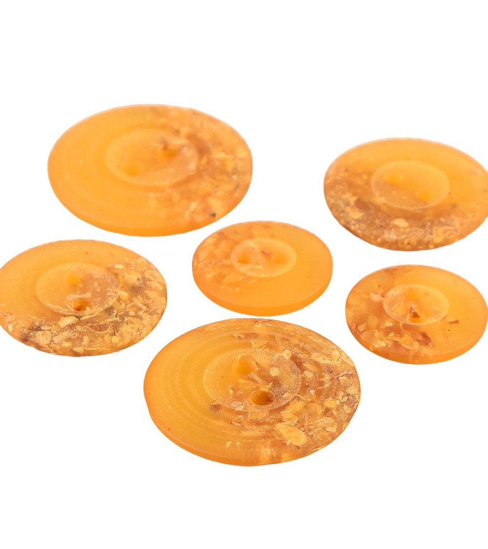 Lot de 6 boutons ronds 2 trous copeaux 15mm Jaune moutarde