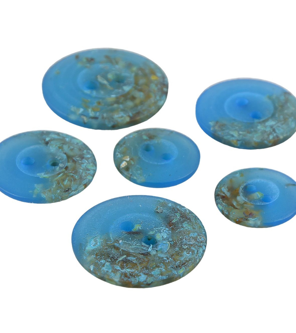 Lot de 6 boutons ronds 2 trous copeaux 15mm Bleu