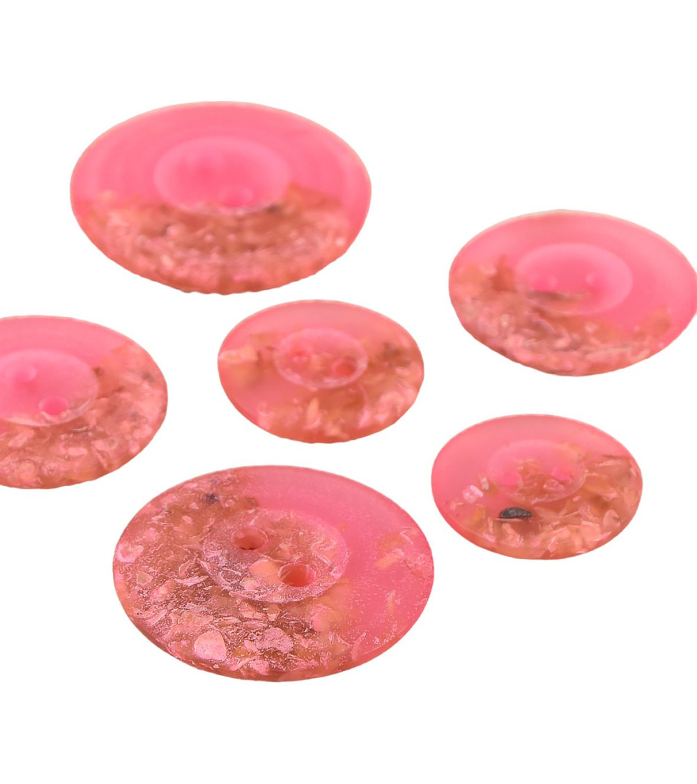 Lot de 6 boutons ronds 2 trous copeaux 19mm Fuchsia