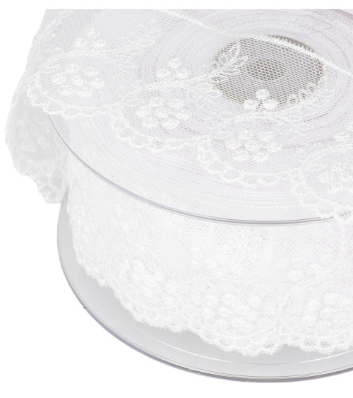 Tulle brodé fleurs 52mm blanc au mètre