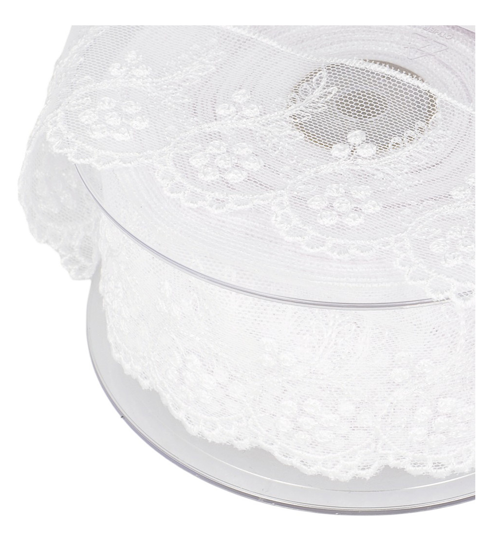 Tulle brodé fleurs 52mm blanc au mètre