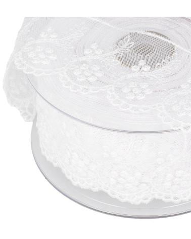 Mit Blumen bestickter Tüll, 52 mm, Weiß, pro Meter