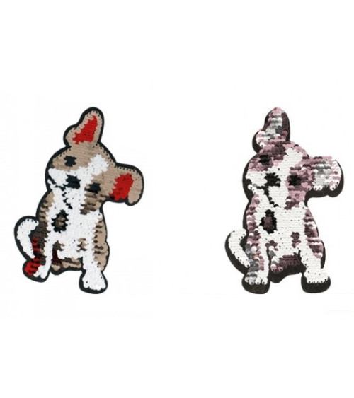 Toppa termoadesiva XL reversibile cane bulldog con paillettes oro/rosso, reversibile argento/rosa 16 cm x 10 cm