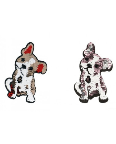 Toppa termoadesiva XL reversibile cane bulldog con paillettes oro/rosso, reversibile argento/rosa 16 cm x 10 cm