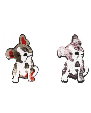 XL reversible iron-on patch bulldog dog with gold/red sequins, reversible silver/pink 22cm x 13cm