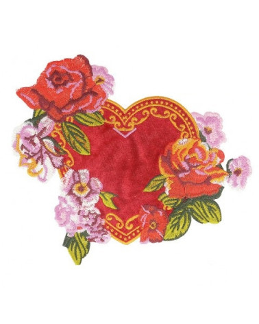 Parche de costura XL corazón rojo y flores 18cm x 22cm