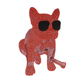 Ecusson à coudre XL chien bouledogue avec guitare à sequins rouge 21cm x 14,5cm