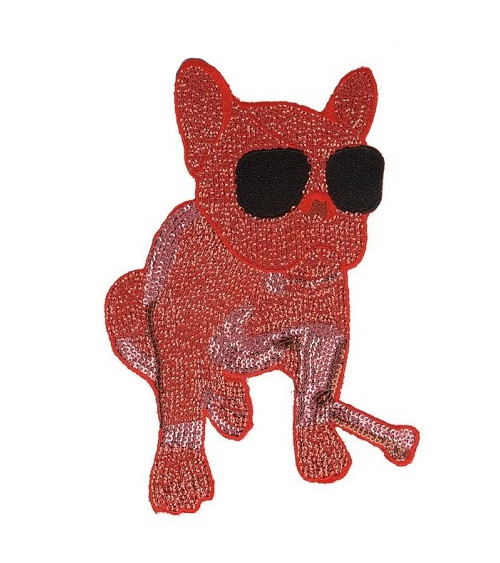 Ecusson à coudre XL chien bouledogue avec guitare à sequins rouge 21cm x 14,5cm