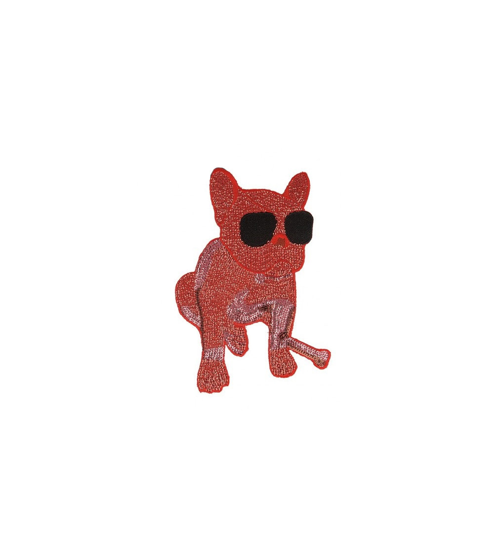 Ecusson à coudre XL chien bouledogue avec guitare à sequins rouge 21cm x 14,5cm