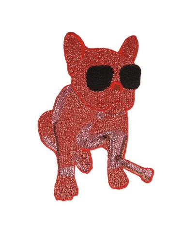 XL sewing patch bulldog dog with red sequin guitar 21cm x 14.5cm