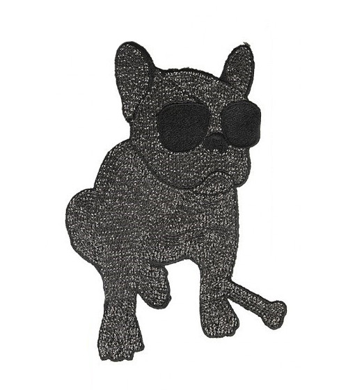 Ecusson à coudre XL chien bouledogue avec guitare à sequins noir 21cm x 14,5cm