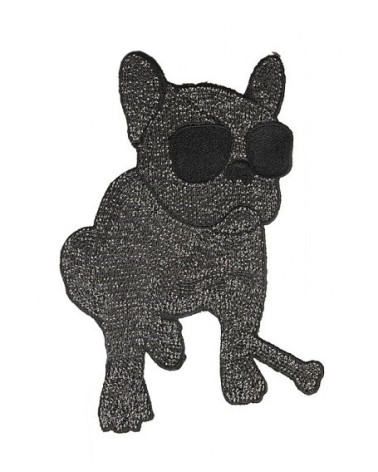 Ecusson à coudre XL chien bouledogue avec guitare à sequins noir 21cm x 14,5cm