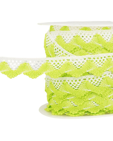 Bobine 25m Dentelle vagues Blc/vert anis 20mm
