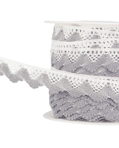 Bobine 25m Dentelle vagues Blanc/gris 20mm