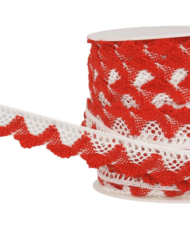 Bobine 25m Dentelle vagues Blanc/rouge 20mm