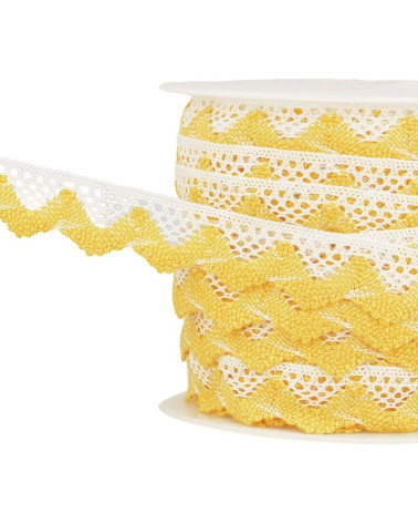 Bobine 25m Dentelle vagues Blanc/jaune 20mm