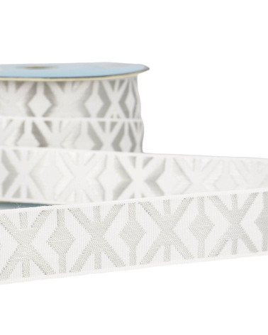 Disquette 25m galon jacquard géométrique 26mm Blanc/argent