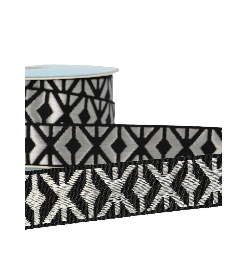 Floppy 25 m geometrisches Jacquard-Geflecht, 26 mm, Schwarz/Silber