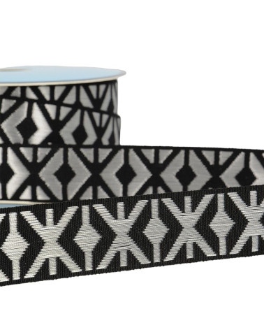 Floppy 25 m geometrisches Jacquard-Geflecht, 26 mm, Schwarz/Silber