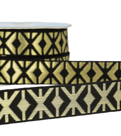 Floppy 25m geometric jacquard braid 26mm Black/gold