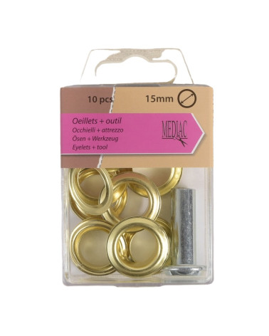 Set of 10 gold colored eyelets 15mm and tool