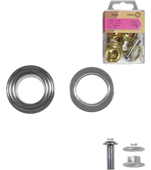 Set di 10 occhielli 15mm colore argento e attrezzo