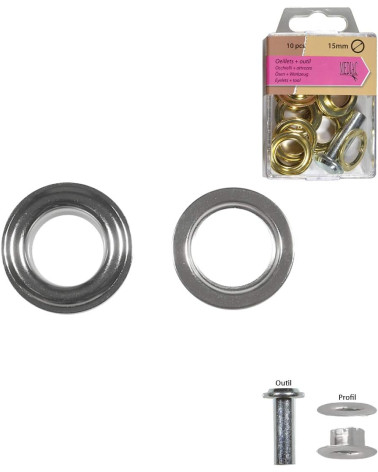 Set of 10 eyelets 15mm silver color and tool