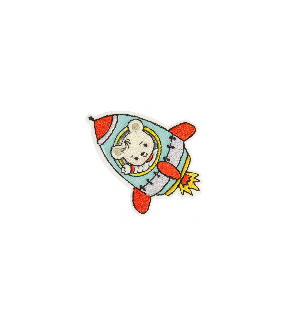 Set of 3 iron-on badges Bear in rocket 5cm x 6cm