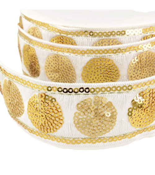 10m reel Sequin braid circles 35 mm white and gold