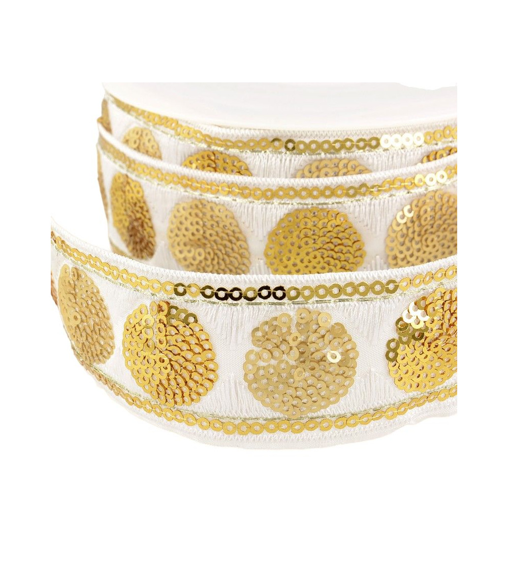 Bobina da 10 m Cerchi treccia di paillettes 35 mm bianco e oro