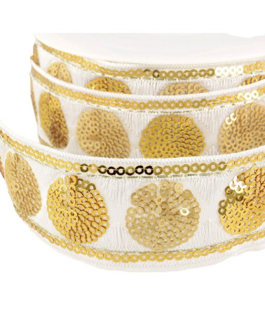 Bobina da 10 m Cerchi treccia di paillettes 35 mm bianco e oro