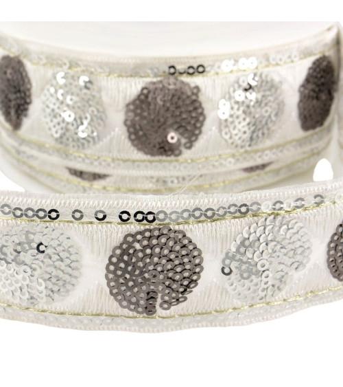 10m reel Sequin braid circles 35 mm white and silver