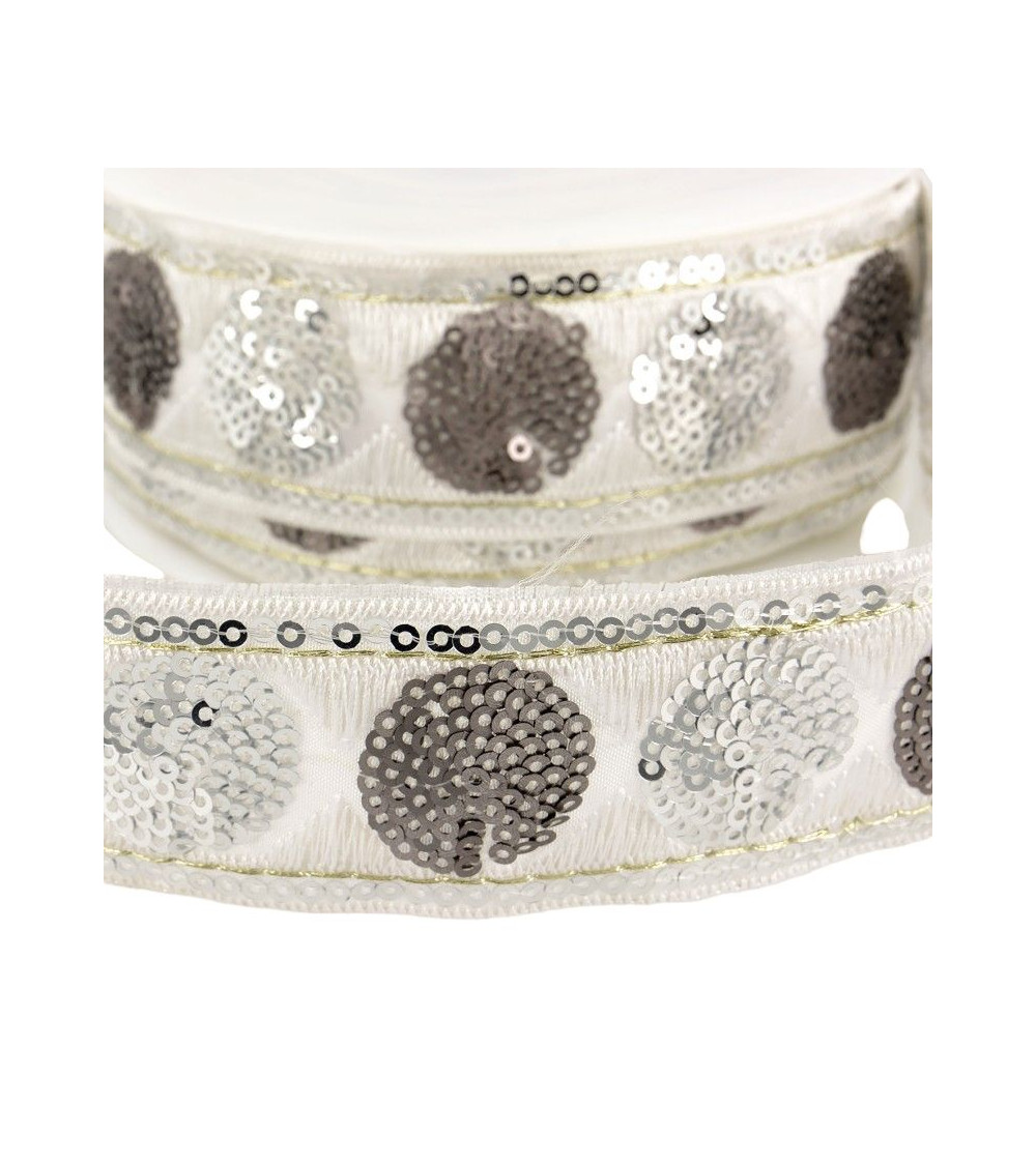 10m reel Sequin braid circles 35 mm white and silver