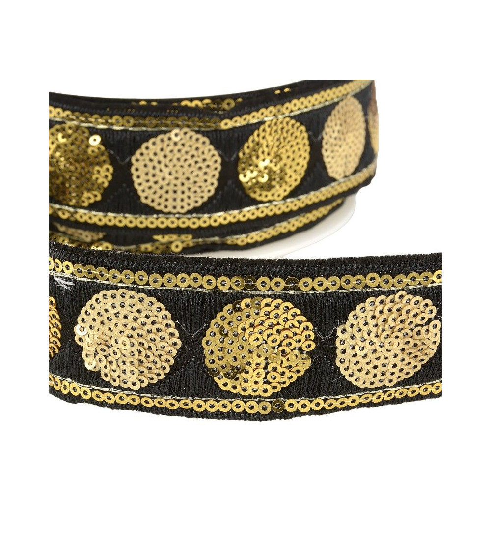 10m reel of 35mm black and gold circle sequin braid