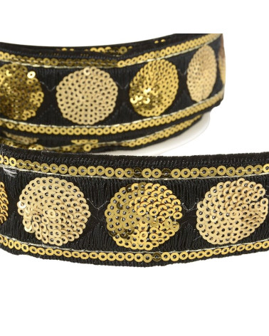 10m reel of 35mm black and gold circle sequin braid