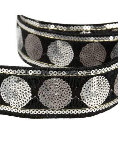 Bobine 10m Galon paillettes cercles 35 mm noir et argent