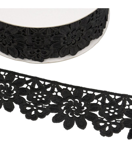 Guipure reel black flowers 55mmx13.7m