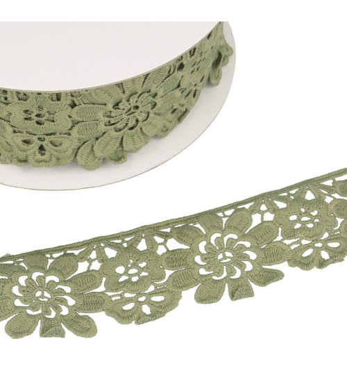 Guipure reel khaki green flowers 55mmx13.7m